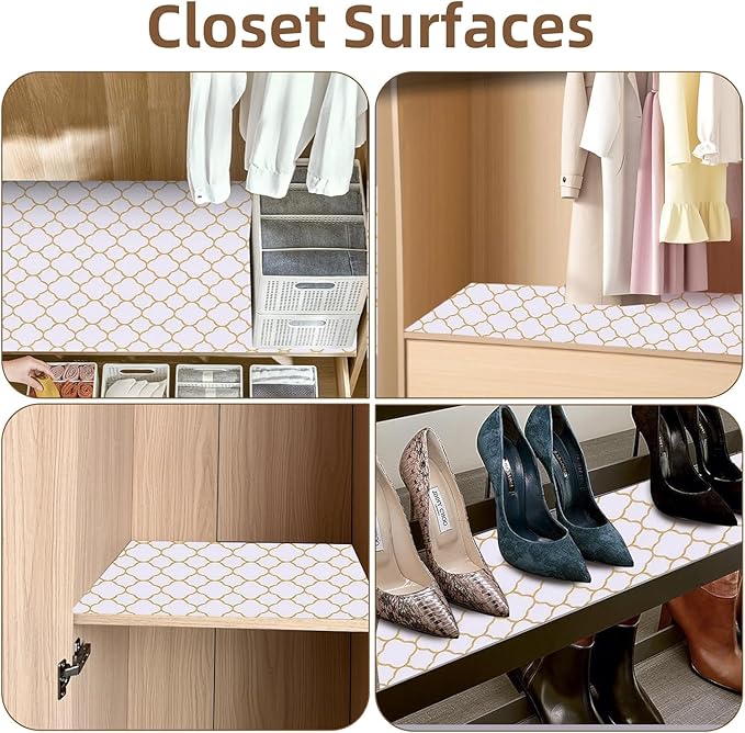 Shelf Drawer Liners for Kitchen Cabinets Non Adhesive Drawer Liner Thickened Refrigerator Liner Gold Quatrefoil Strong Non-Slip Paper for Tool Box with Knife and Tape Measure,17.3 x 236.2 Inches