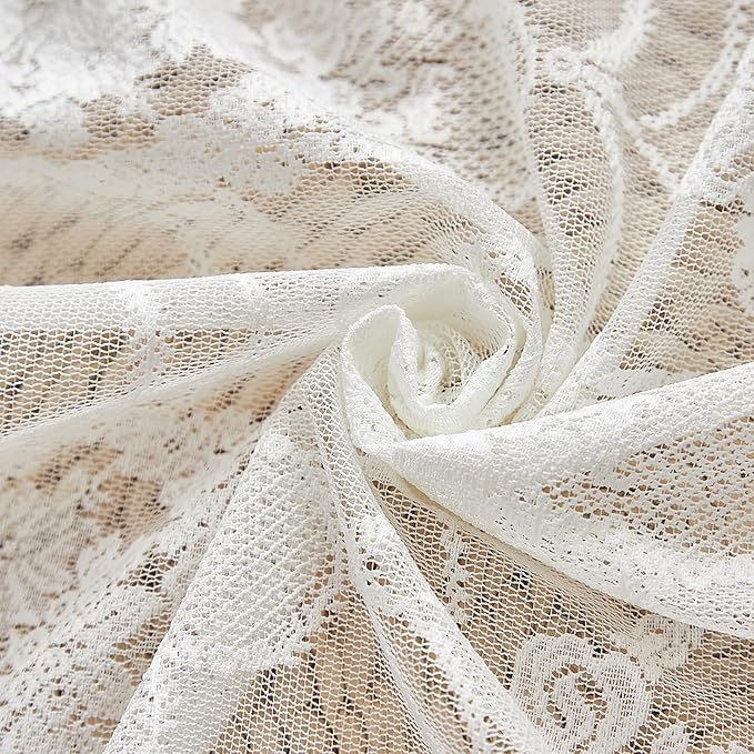 Bright White Vintage Country Floral Lace Sheer Curtains 96 Inches Long -Rod Pocket Light Filtering French Privacy Scalloped Edges Rod Pocket Boho Bedroom ，52 x 96 Inch, 2 Panels
