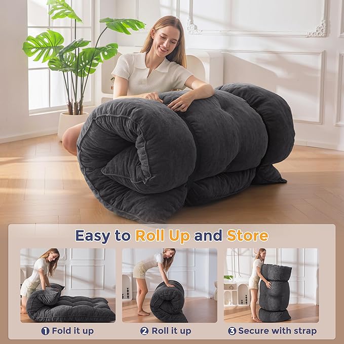 MAXYOYO Japanese Floor Mattress Queen Size, 6" Foldable Futon Mattress Tufted Roll Up Floor Bed, Thick Chenille Tatami Mat Sleeping Pad for Camping Guest Room Dormitory Bedroom RV, Dark Grey