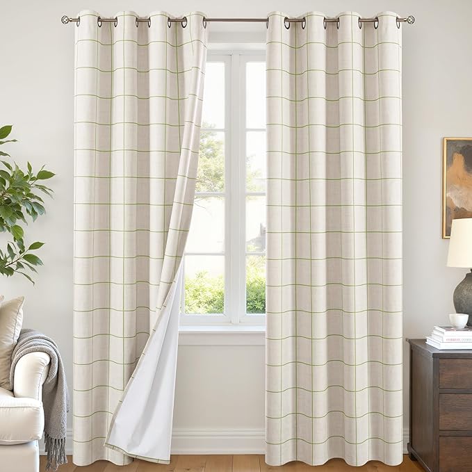 Sage Green Linen Blackout Curtains for Living Room - Boho Plaid Pattern Thermal Insulated Grommet Cottage Core Window Treatments Rustic Drapes for Farmhouse, 52x84 Inch 2 Panels