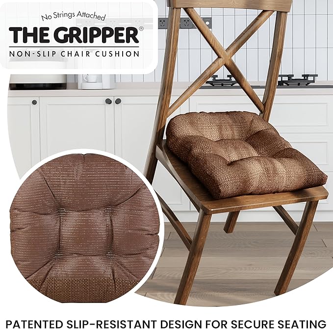 Klear Vu Gripper Overstuffed Universal Non-Slip Dining Chair Cushions for Kitchen Decor or Office Use, U-Shaped Skid-Proof Seat Pad, 17x17 Inches, 2 Count (Pack of 1), Honeycomb Chocolate Brown