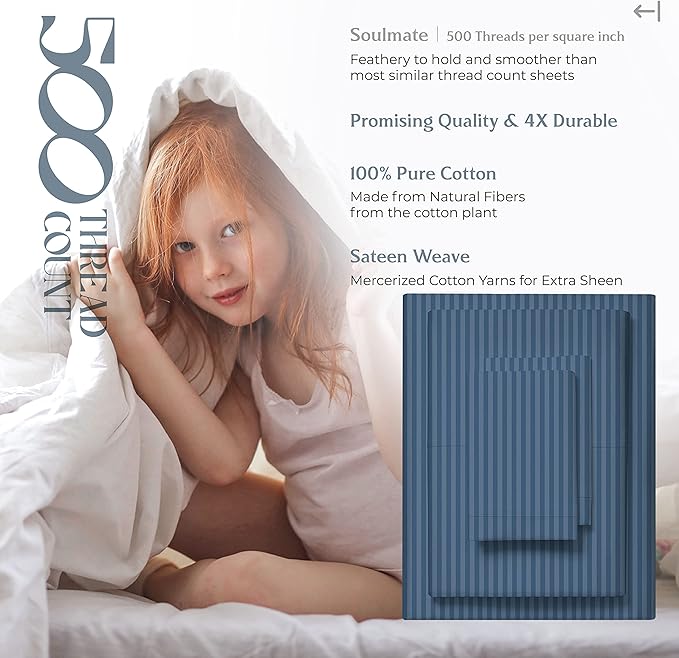 Mayfair Linen 100% Cotton Striped Sheets Full Size Bed Set - 500 Thread Count Damask Sheets Full Size 4 PC Set (Light Blue Stripe), Soft, Cooling, Sateen Weave Hotel-Quality 16" Deep Pocket Bedsheet