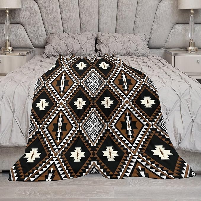 Rustic Western Throw Blanket, Southwestern Bohemian Ethnic Style Native Aztec Pattern Flannel Blanket for Sofa Bed, All Seasons 40"x50"