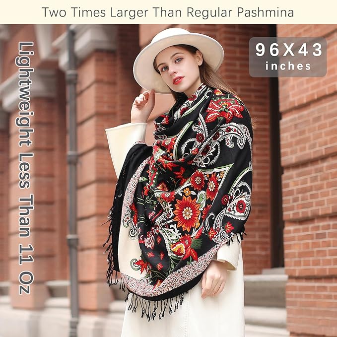 DANA XU 100% Merino Wool Pashmina Shawl for Women 96"x43", Oversized Cashmere Wrap with Tassels, Floral Travel Blanket Cape