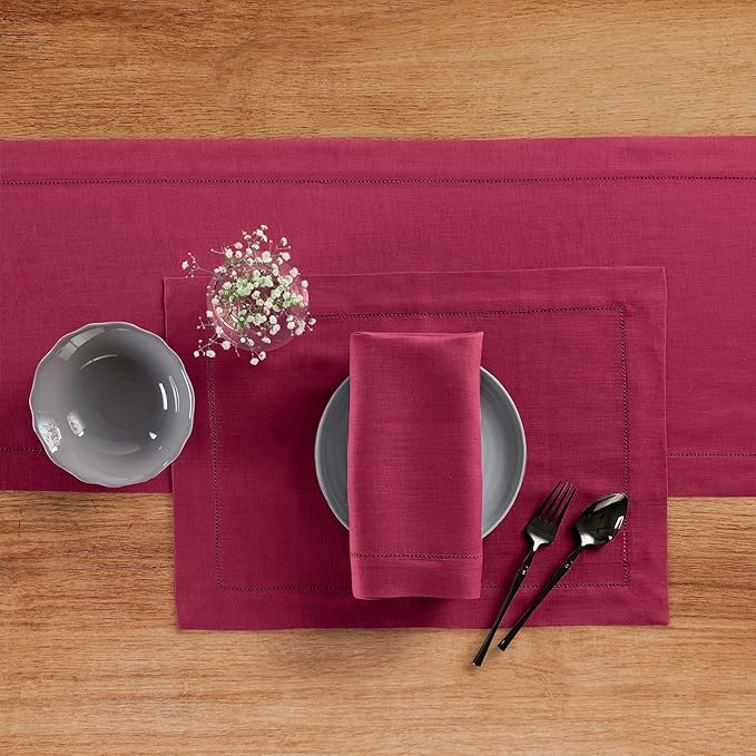Solino Home Linen Table Runner 48 Inches - 100% Pure Linen Beet Hemstitch Table Runner 14 x 48 Inch Ideal for Dresser and Coffee Tables - Winter, Holiday, Christmas - Classic Hemstitch