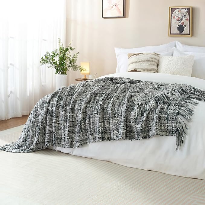 Multi-Color Grey Cable Knitted Throw Blanket for Couch,60"X80" Boho Style Textured Blankets for Home Decor,Super Soft Warm Cozy Chunky Knit Blanket with Decorative Tassels for Bed and Sofa