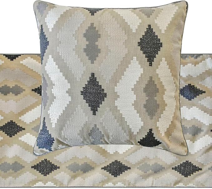 The HomeCentric King/Queen/Twin Beige Decorative Bed Runner Full 68"x18" Bed Runner with Two Pillow Cover, Embroidery,Aztec Bed Scarf on Linen Fabric - Thread Tale