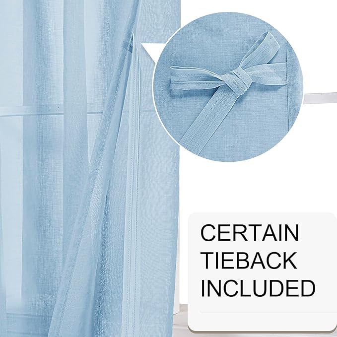 XWZO Sheer Curtains 84 Inches Long for Bedroom, Light Filtering Faux Linen Grommet Window Curtains for Living Room, Kids Room, Study with Tiebacks, Baby Blue, W52 x L90, Set of 2 Panels