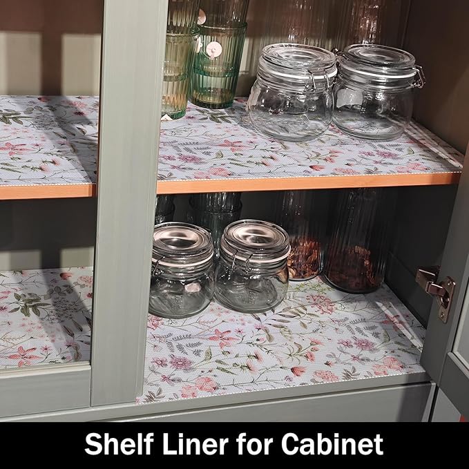 Leaf Floral Shelf Liners Non Adhesive and Strong Non-Slip Shelf and Drawer Liners for Kitchen Cabinet Wire Fridge, Waterproof Shelf Drawer Liner,Easy to Clean,12IN x 10FT