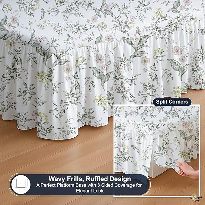 Cottington Lane Ruffled Bed Skirt Queen Size with Split Corner, Brushed Microfiber Hotel Quality Dust Ruffle, 12 Inch Drop Gathered Bedskirt, Soft, Stylish, Shrink & Fade Resistant, Morning Petals