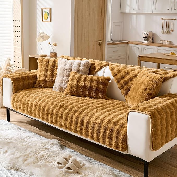 Faux Fur Couch Cover Fuzzy Soft Plush Thick Bubble Sofa Cover Luxury Sectional Couch Covers Luxury Anti-Slip Sofa Slipcover Washable Furniture Protector (Brown Yellow,36"x82")