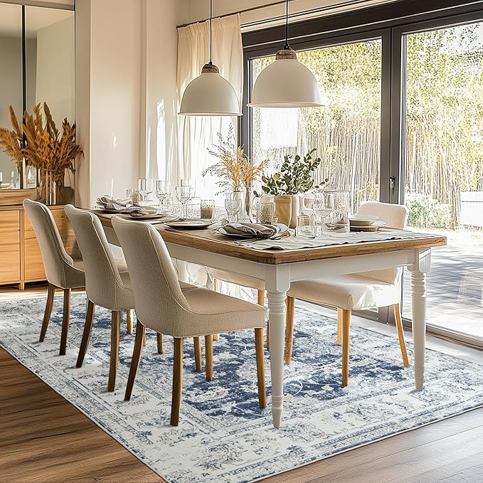 jinchan Fiora 6x9 Area Rug for Living Room Washable Soft Throw Rug Ultra-Thin Stain Resistant Non-Slip Distressed Vintage Floral Large Carpet for Bedroom, Home Office, Nursery(6x9ft, Dark Blue)