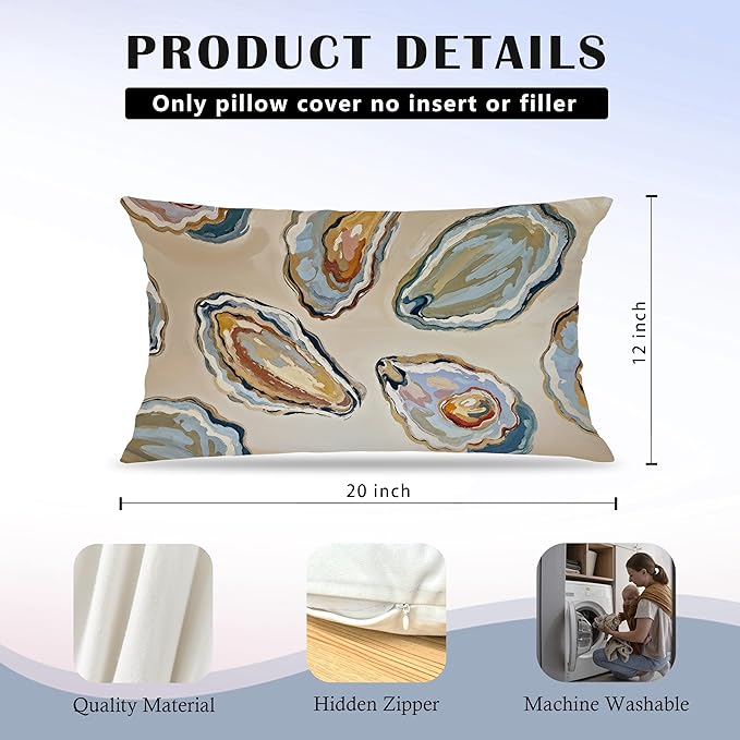 Abstract Oyster Coastal Beach Pillow Covers 12x20 Set of 2, Beachy Room Decor Aesthetic, Retro Coastal Ocean Oyster Shell Decorative Lumbar Pillow Covers for Home Bedroom Living Room