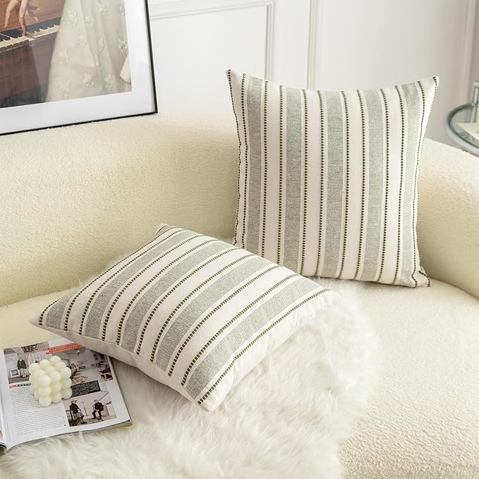 Decorative Boho Throw Pillow Covers, Farmhouse Textured Pillow Case, 20 x 20 Inch Set of 2, Chair Sofa Bedroom Living Room Home Decor Couch Cushion Case, Olive Green and Beige Striped