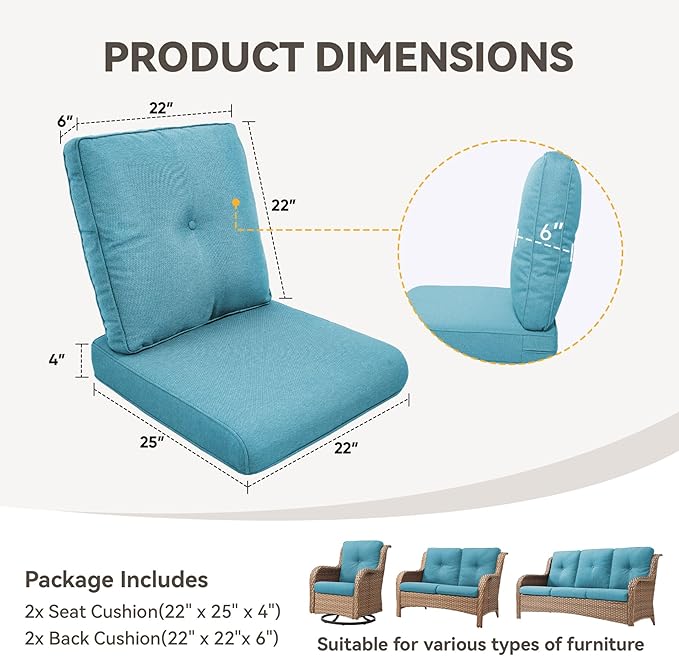 Patio Cushions for Outdoor Furniture - 22" x 25" x 4" UV Resistant Thick Foam Cushions Water Resistant Replacement Cushion for Outdoor Patio Furniture Chair/Sofa/Couch | Light Blue | 2-Pack |