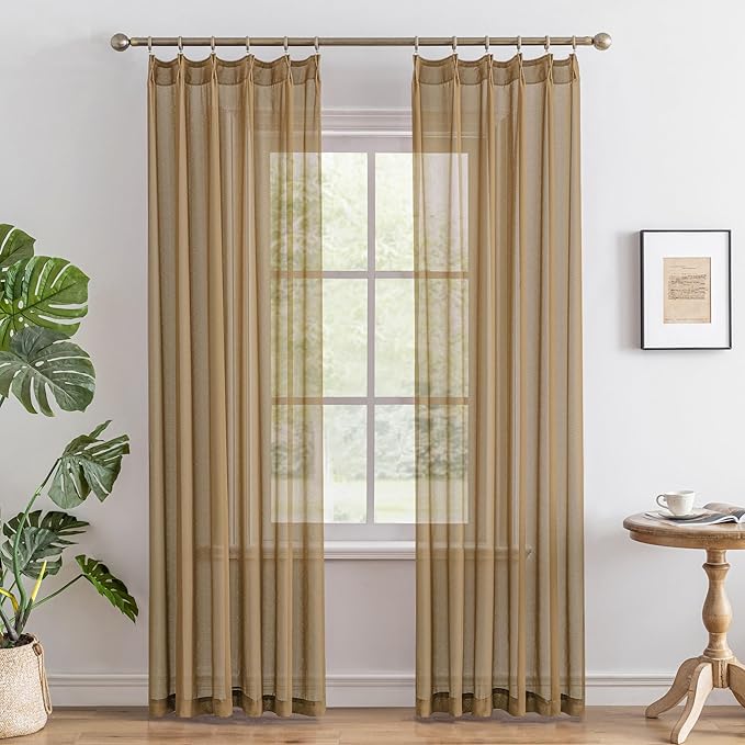 Pinch Pleat Khaki Sheer Curtains 84 Inches Long Light Filtering Light Taupe Drapes for Bedroom Farmhouse Soft Touch Lightweight Pleated Drapes with Adjustable Hooks, Khaki, 42"W x 84"L, 2 Panels