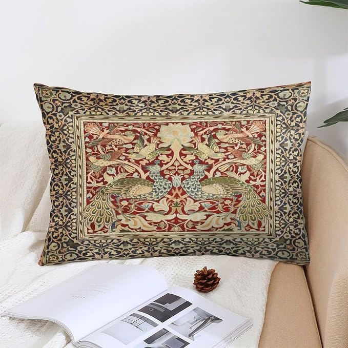 Vintage Peacock Floral William Morris Throw Pillow Covers 12x20 Inch Aesthetic Pillow Velvet Decorative Pillowcase Home Decor Living Room Cushion Case for Bed Sofa Couch