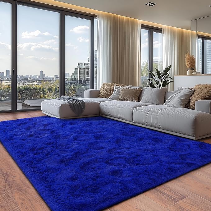 Extra Large 10x14ft Fuzzy Rug Blue Fluffy Rug for Living Room, Big Plush Non-Skid Shag Carpet, Soft Shaggy Rugs for Bedroom Indoor Modern Home Decor