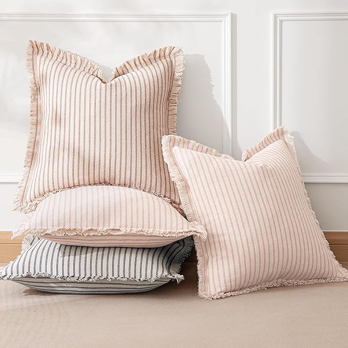 MIULEE Pack of 2 Pink Pillow Covers 24x24 Inch Striped Farmhouse Couch Throw Pillow Covers with Fringe Chic Cotton Decorative Cushion Eruo Sham for Sofa Living Room Bed Outdoor Home Decor