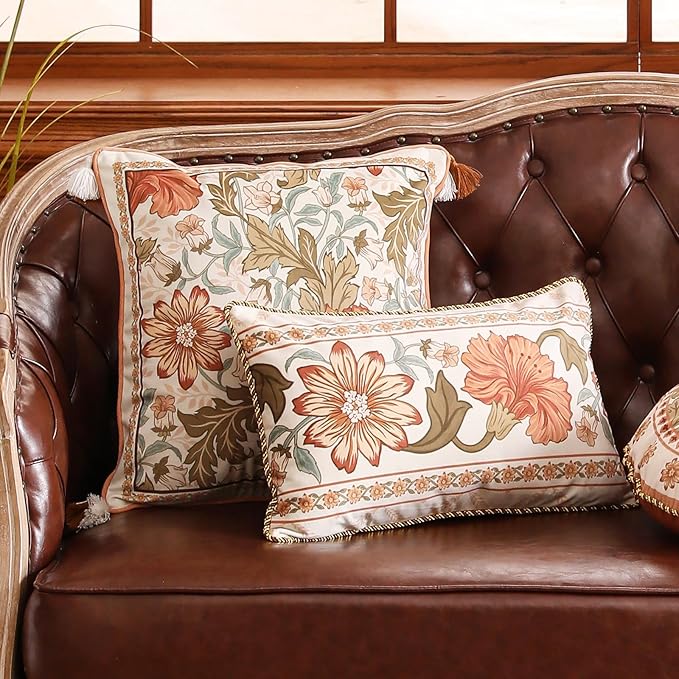 Throw Pillow Covers Pack of 2,Orange Floral Farmhouse with Wild Flowers Pattern Cozy Velvet Pillowcases,Decoration Square Pillows Cushion Covers for Couch Sofa Bed Car Chair,18"x18"