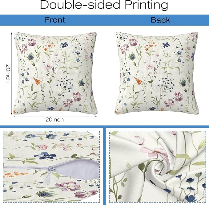 Throw Pillow Covers Spring Summer Floral Pillow Covers 20x20 Inch Set of 2 Watercolor Flowers Throw Pillows Decorative Pillow Cases Cushion Covers for Bedroom Livingroom Sofa Farm House
