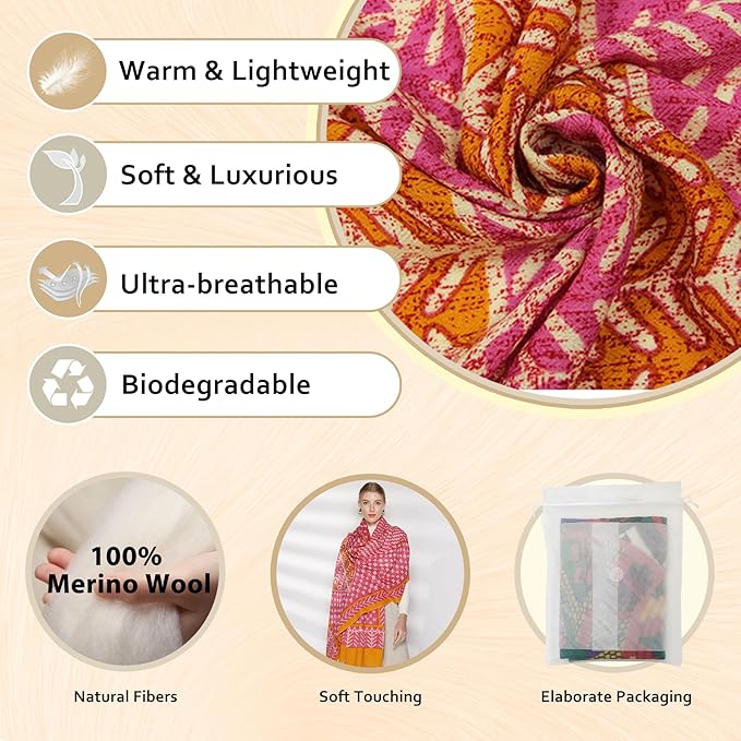 DANA XU 100% Merino Wool Pashmina Shawl for Women 96"x43", Oversized Cashmere Wrap with Tassels, Floral Travel Blanket Cape