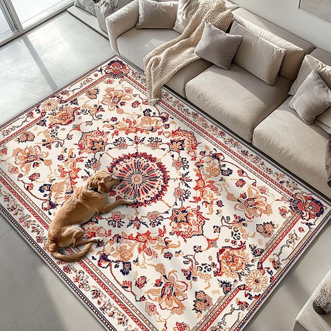 6x9 Traditional Oriental Area Rug Boho Orange White Rug Non Slip Low Pile Large Carpet for Home Kitchen Living Room Bedroom Dining Room Office