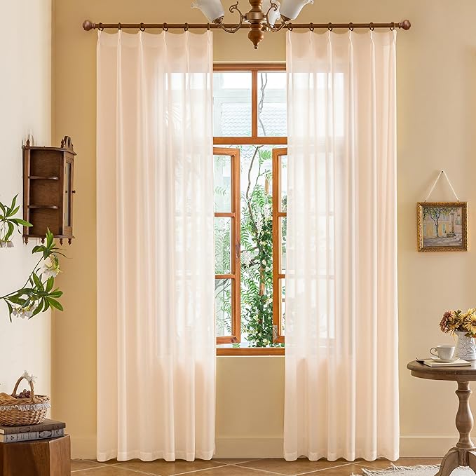 MAIHER 90 Inch Length Sheer Pinch Pleat Curtains Light Filtering Soft Touch Pink Curtains 90 Inches Long Pleated Drapes with Hooks for Bedroom, Soft Pink, 42''W x 90" L, 2 Panels