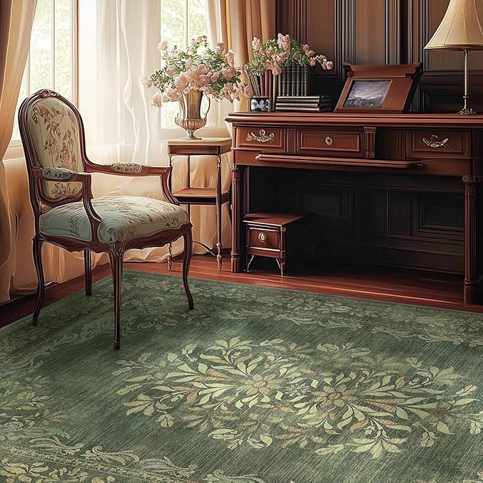 jinchan Green 4x6 Area Rug Vintage Floral Design - Machine Washable Distressed Soft Ultra-Thin Low-Pile Non-Slip Christmas Carpet for Entryway Kitchen Bedroom Nursery Living Dining Room (4x6ft, Green)