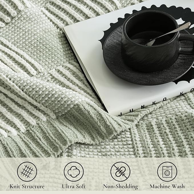 Amélie Home Checkered Knit Throw Blanket for Couch, Chenille Texture Decorative Soft Blanket for Sofa & Chair, 50"x60", Sage Green & White