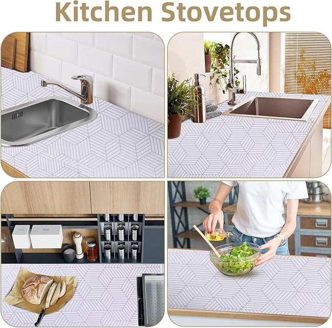 Shelf Liners for Kitchen Cabinets Non Adhesive Shelf Liner Paper Non-Slip Thickened Drawer Liner Easy to Clean for Tool Box Refrigerator with Knife and Tape Measure, Silver Geometric, 23.6 x 354.3 in