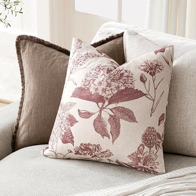 Foindtower Set of 2 Linen Floral Vintage Throw Pillow Covers Neutral Accent Decorative Cushion Covers Farmhouse Boho Home Decor for Sofa Chair Couch Bedroom Living Room,20×20 Inch,Dark Pink