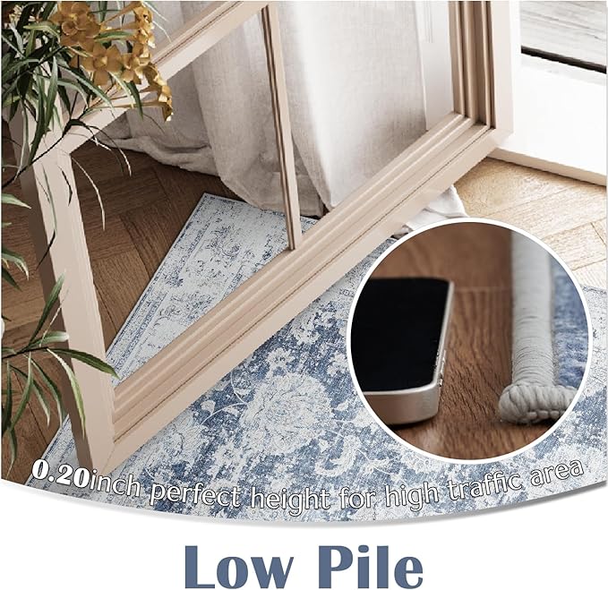 jinchan Fiora 6x9 Area Rug for Living Room Washable Soft Throw Rug Ultra-Thin Stain Resistant Non-Slip Distressed Vintage Floral Large Carpet for Bedroom, Home Office, Nursery(6x9ft, Dark Blue)
