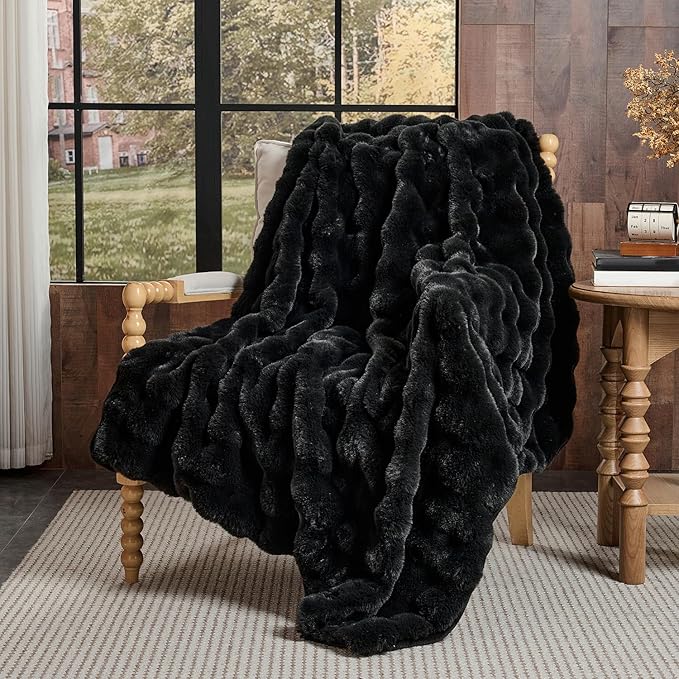 Lotus Karen Faux Fur Blanket Black - Big Bubble Rabbit Fluff King Throw for The Bed Large Fluffy Fuzzy Cozy Thick Furry Plush Shaggy Blankets 108x90 Inches