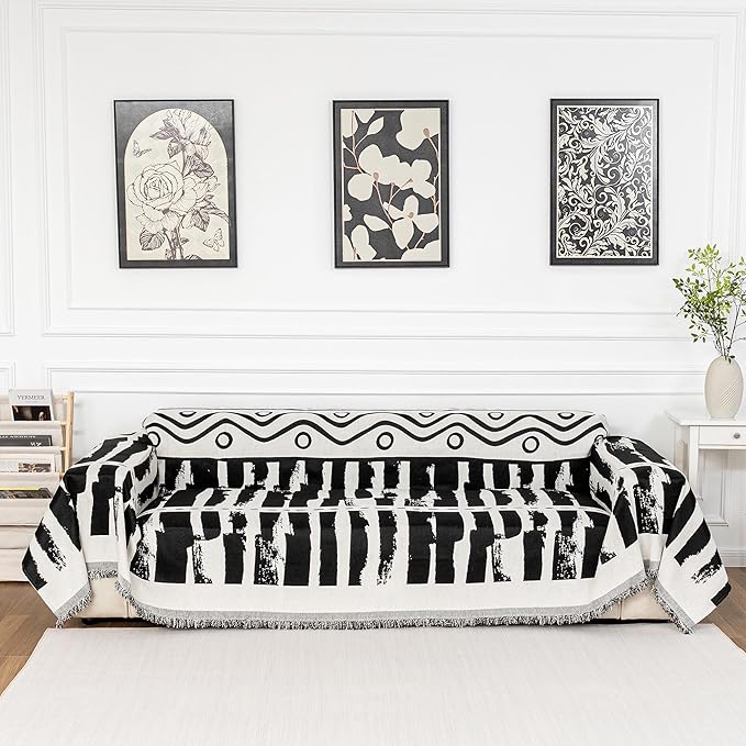 MEETSKY Boho Couch Cover Sofa Covers for Dogs, Couch Cover for Sectional Sofa, Soft Chenille Sofa Slipcover Couch Protector for Pets Protector Furniture Covers, 71" x 118", Black