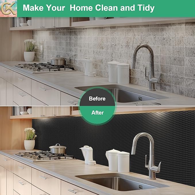 Self-Adhesive Shelf Liner Kitchen Liner, Waterproof Backed Paper Easy Peel and Stick Contact Liner Without Residue for Decor Your Desk Surface, Kitchen Countertops (Black, 23.6 x 236.2 inches)