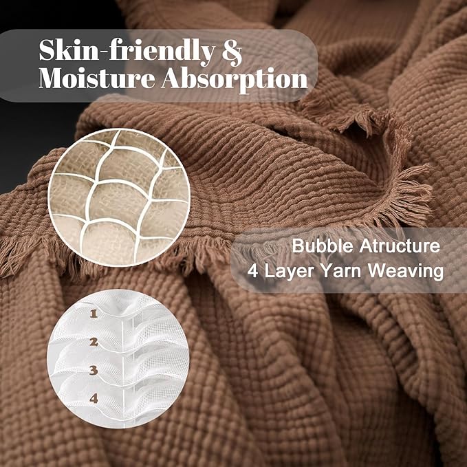 MorroMorn 100% Cotton Muslin Throw Blanket with Fringes 50"x60", 4-Layer Cotton Gauze Blankets for Adults, Boho Bedding Breathable Lightweight Ultra-Soft for Couch Bed Sofa All Seasons, Brown