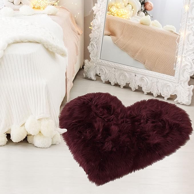 uxcell Heart Shaped Rugs for Bedroom,Small Aesthetic Carpet Girls,Cute Shaggy Floor Mirror Mat,Pastel Furry Throw Rug 2.3ftx3ft, Burgundy