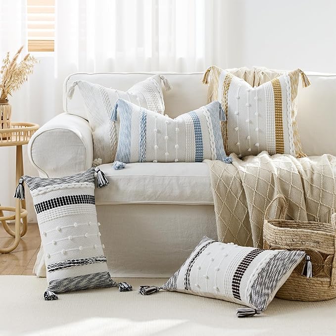 Boho Pillow Cover 18x18 Beige - Handmade Woven Textured Throw Pillow Case with Cordings & Tassels, Decorative Accent for Couch Sofa Farmhouse Living Room Home Decor