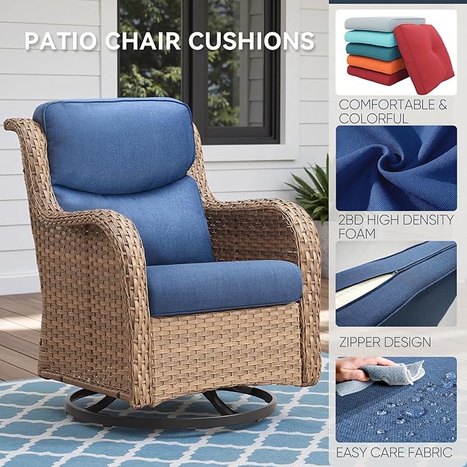 Outdoor Chair Cushions for Patio Furniture - 1 Pack Outside High Back Comfortable Thickened Pillow 22x24 with Zipper Cover for Wicker Rocking Swivel Chairs Loveseat Sofa – Blue/Crescent