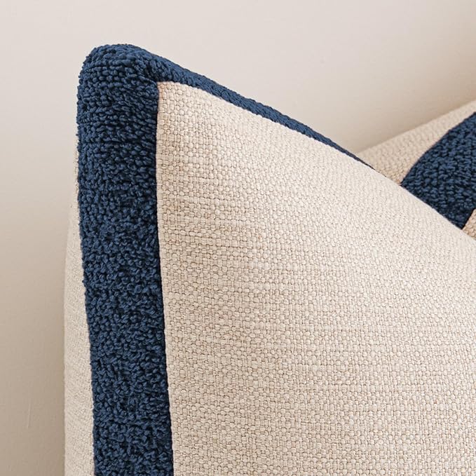 a moment Loop Yarn Linen-Like Pillow Cover Natural Soft Decorative Throw Pillow Case Farmhouse 18x18 Inch, Bohemian Textured Cushion Cover for Sofa Bed, Wrinkle-Resistant Home Decor Navy Blue