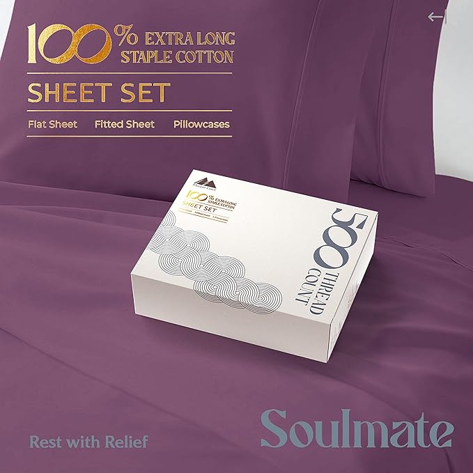 Mayfair Linen 500 Thread Count Twin Cotton Sheets - 3 PC Twin Size Bed Sheet Set Cotton (Plum), Soft, Cooling, Sateen Hotel-Quality 16" Deep Pocket Bedsheet for Hot Sleepers (Fits 18" Mattress)