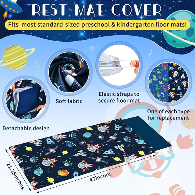 2 Pcs Dinosaurs Nap Mat Cover for Boys Girls Sewn in Flap Design Blue Sleeping Kids Astronauts Nap Mat Covers Soft Microfiber Cot Sheet for Preschool Kindergarten Toddler Daycare