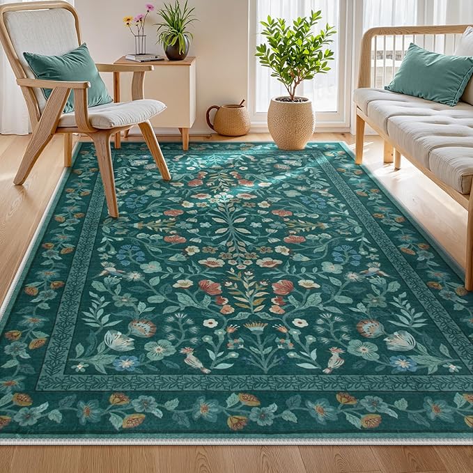 Lahome Floral Washable Rugs 5x7, Non-Slip Ultra-Thin Soft Green Area Rug Bedroom Carpet, Vintage Botanical Print Low-Pile Carpet for Living Room Kitchen Office, Dark Green