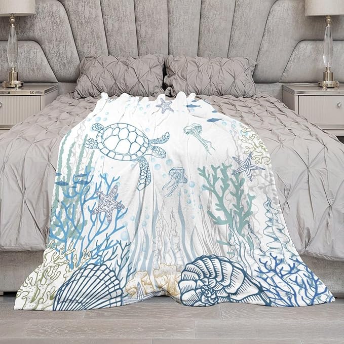 Nautical Turtle Throw Blanket, Coastal Sea Ocean Theme Coral Starfish Seashell Jellyfish Undersea Life Fleece Blanket for Summer Home Bed Sofa Couch Chair, 40"x50"