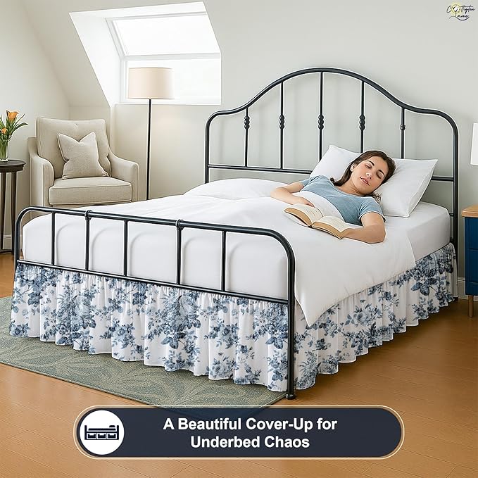 Cottington Lane Ruffled Bed Skirt King Size with Split Corner, Brushed Microfiber Hotel Quality Dust Ruffle, 12 Inch Drop Gathered Bedskirt, Soft, Stylish, Shrink & Fade Resistant, Blue Floral Bliss