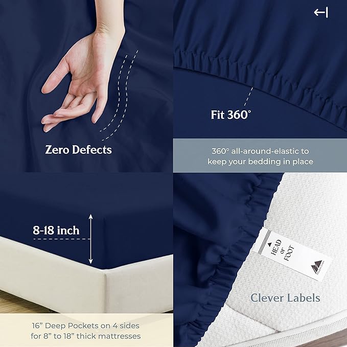 Mayfair Linen 500 Thread Count Full Cotton Sheets - 4 PC Full Size Bed Sheet Set Cotton (Navy Blue), Soft, Cooling, Sateen Hotel-Quality 16" Deep Pocket Bedsheet for Hot Sleepers (Fits 18" Mattress)