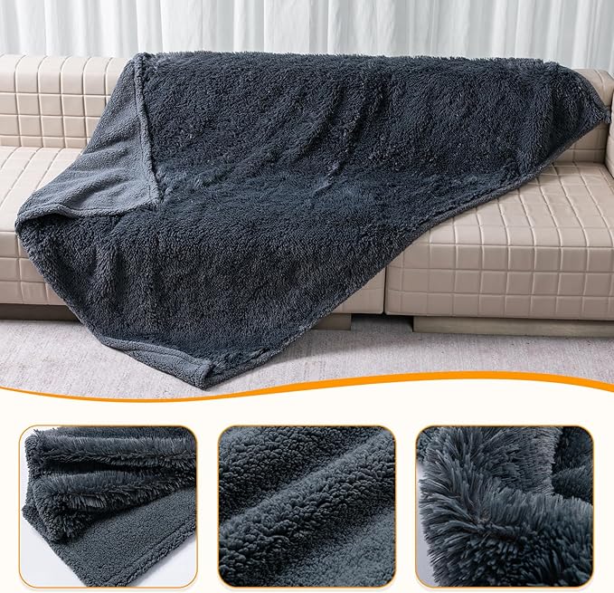 Waterproof Pets Blankets for Dogs Calming Cat Blanket for Bed Couch Sofa Cover Protector Washable Long Faux Fur Pet Throw Blanket for Puppy Reversible Furniture Protection Mats (Gray,M-57x40in)