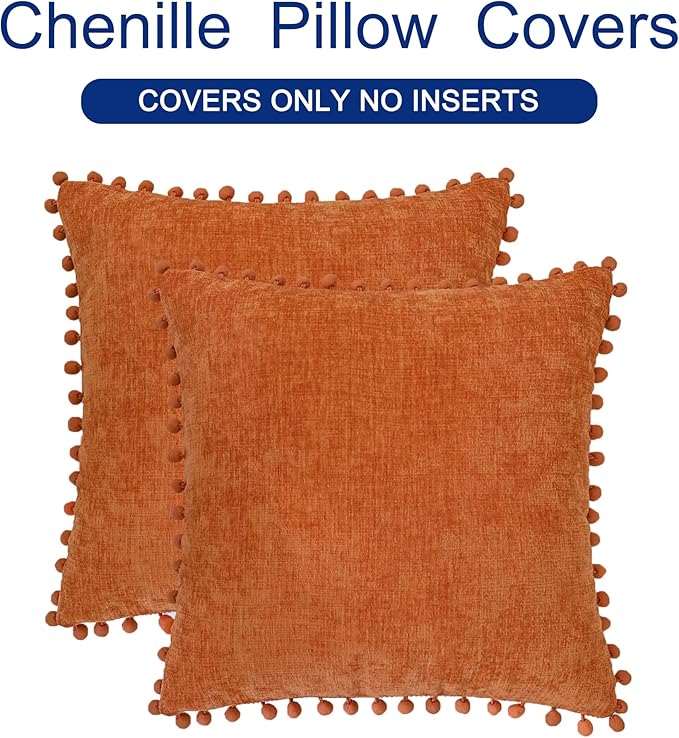 CaliTime Throw Pillow Covers Decorative 12 X 12 Inches Pack of 2 Cozy Solid Dyed Soft Chenille Cushion Cases with Pom Poms for Couch Sofa Bed Living Room Home Burnt Orange