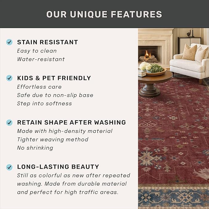 Non Slip 10ft Long Hallway Runner Rug Burgundy - 2 x 10 Runner Rug, Washable & Waterproof 2x10 Kitchen Floor Mat - Oriental Turkish Dark Red Design Décor